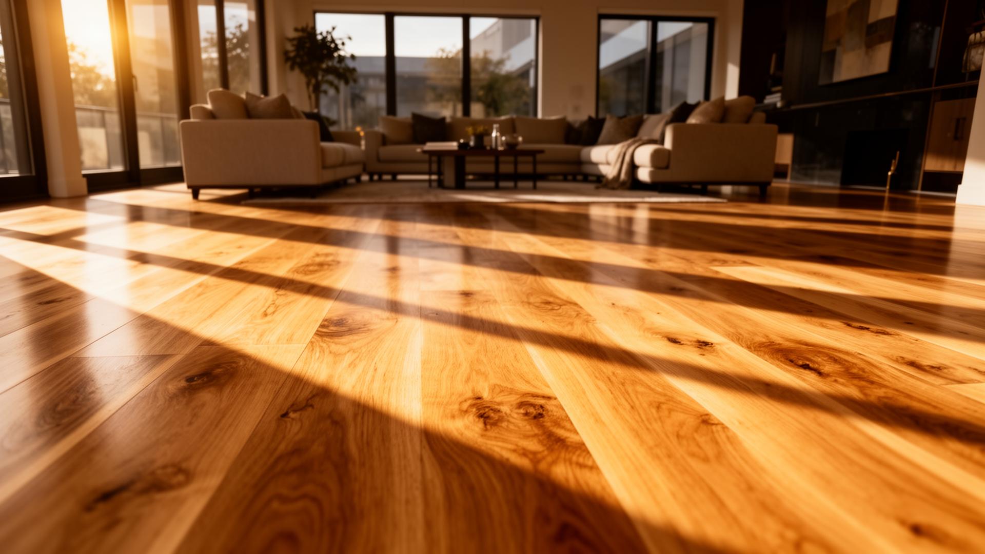 Refinished hardwood floor in sunlit living room